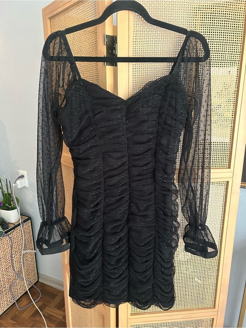 Haute Monde Black Ruched Mesh Mini Dress Sheer Sleeves Size L